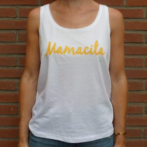 Mamacita yellow on white tanktop front