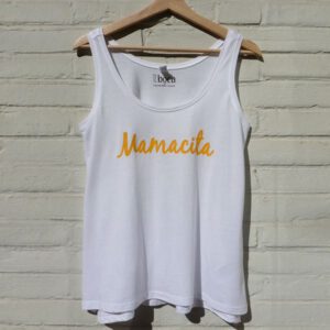 Mamacita yellow on white tanktop