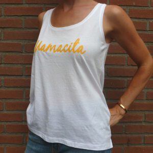 Mamacita yellow on white tanktop side